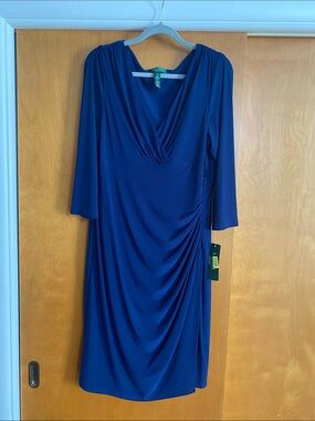 Lauren Ralph Lauren Royal Blue Draped V-Neck Long Sleeve Dress